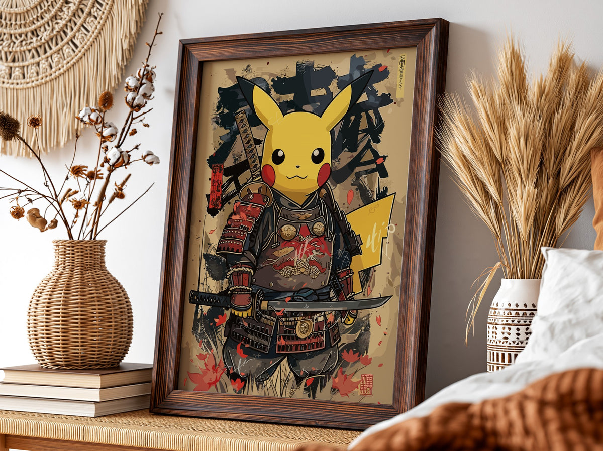 Poster of Pikachu dressed as samurai warrior in black and red armor holding katana on beige background