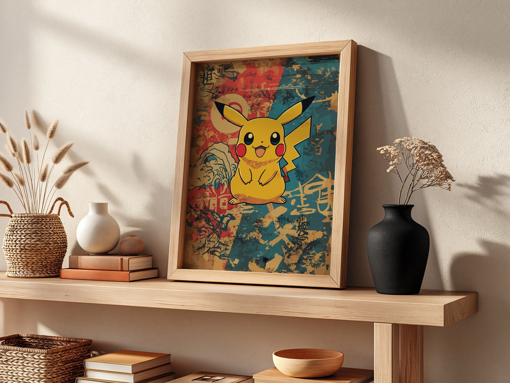 Poster featuring Pikachu character with warm vintage palette and Japanese-inspired background