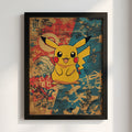 Poster featuring Pikachu character with warm vintage palette and Japanese-inspired background
