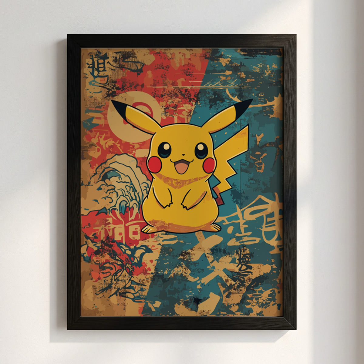 Poster featuring Pikachu character with warm vintage palette and Japanese-inspired background