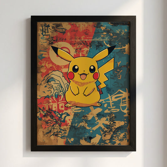 Poster featuring Pikachu character with warm vintage palette and Japanese-inspired background