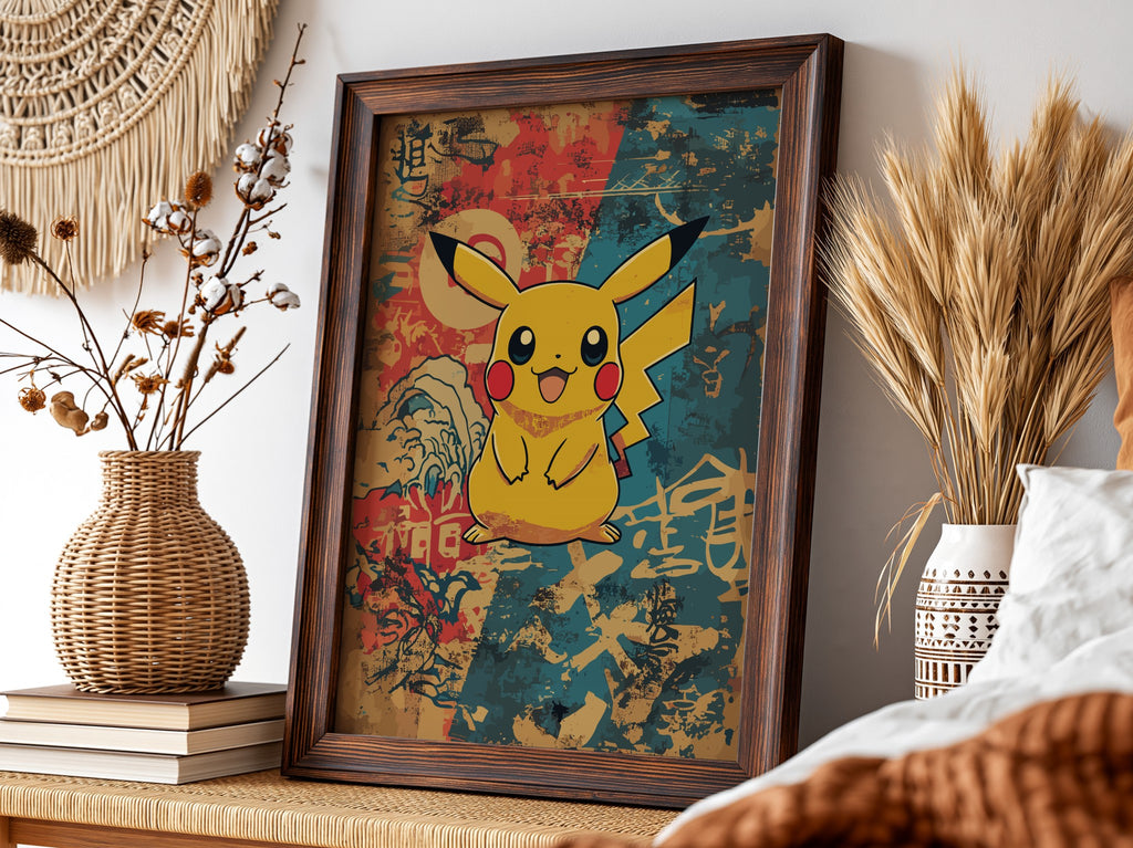 Poster featuring Pikachu character with warm vintage palette and Japanese-inspired background