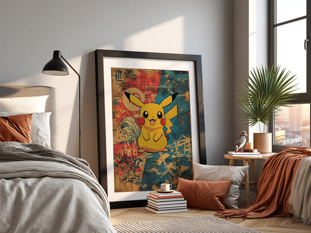 Poster featuring Pikachu character with warm vintage palette and Japanese-inspired background