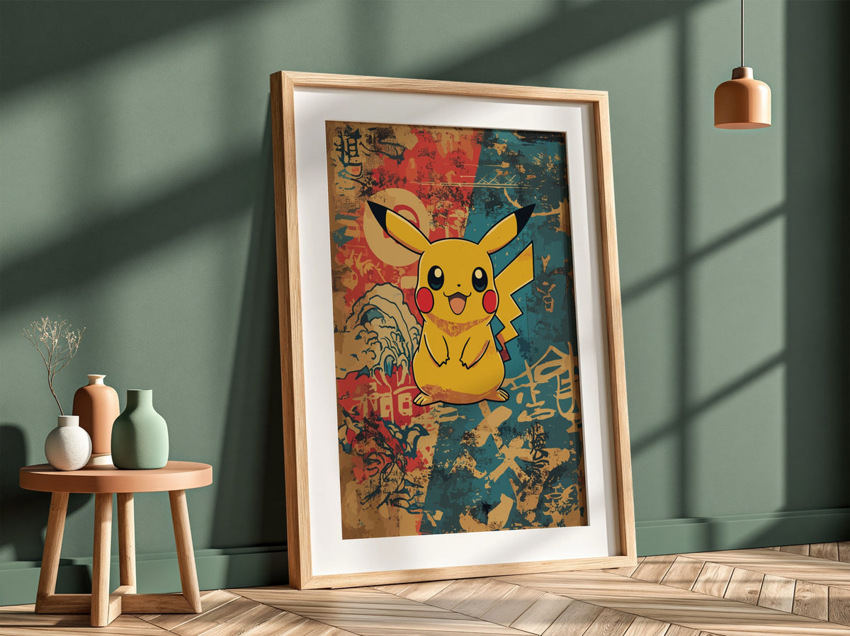 Poster featuring Pikachu character with warm vintage palette and Japanese-inspired background