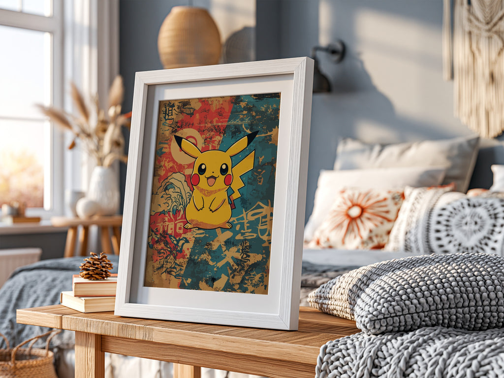 Poster featuring Pikachu character with warm vintage palette and Japanese-inspired background