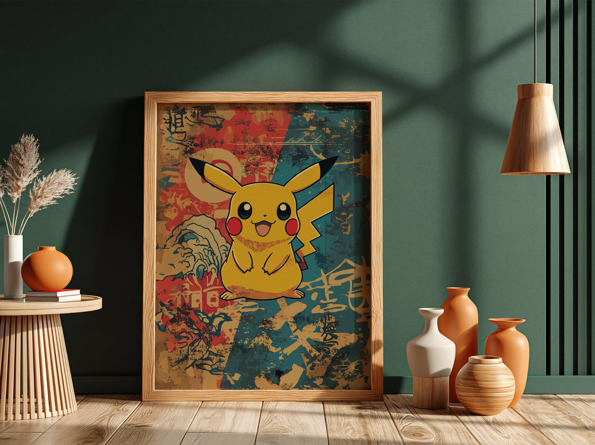 Poster featuring Pikachu character with warm vintage palette and Japanese-inspired background
