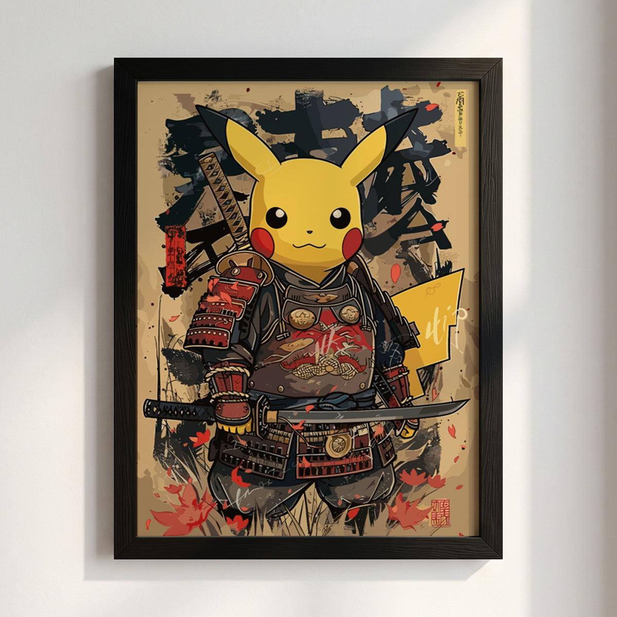 Poster of Pikachu dressed as samurai warrior in black and red armor holding katana on beige background