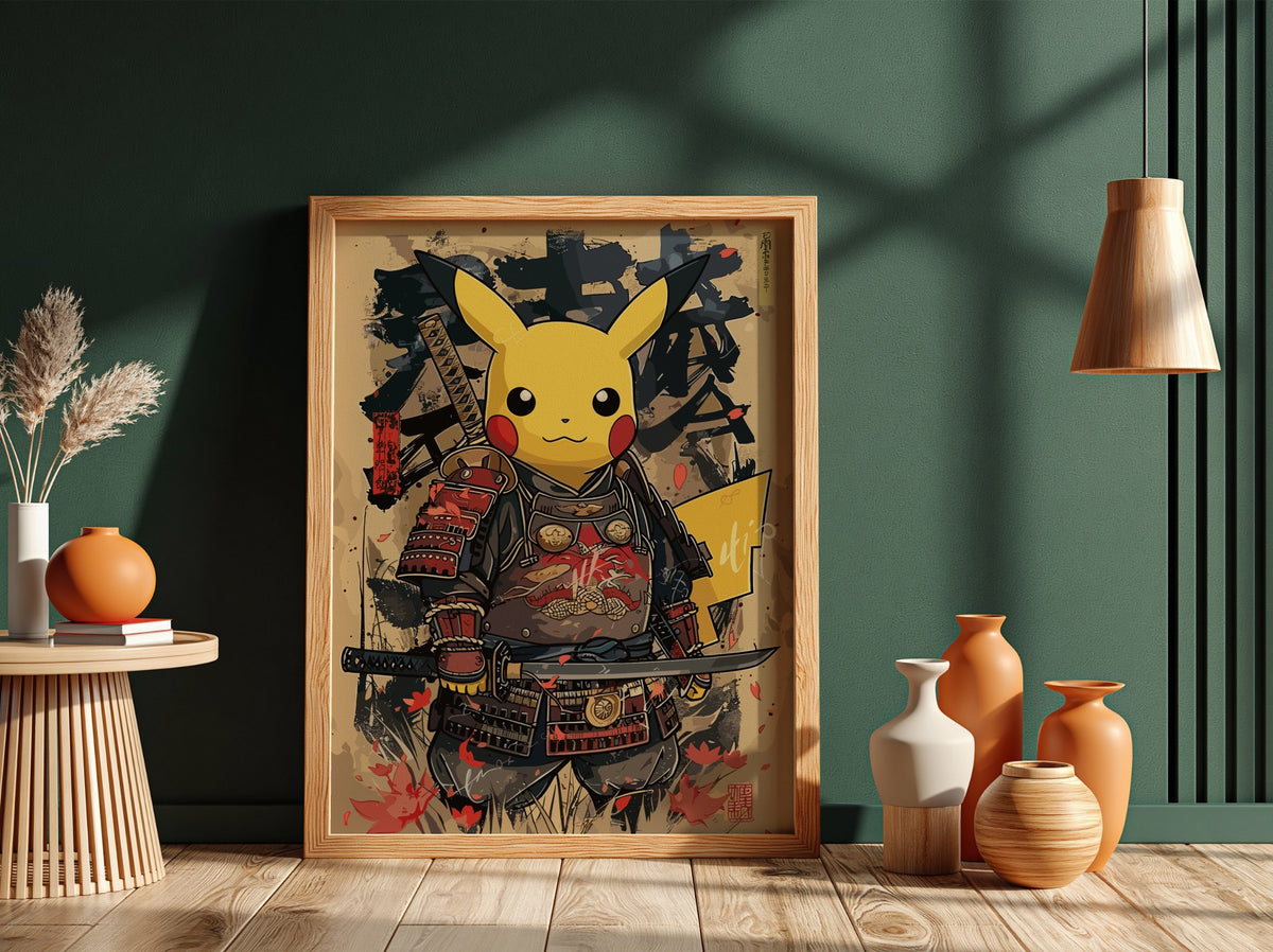 Poster of Pikachu dressed as samurai warrior in black and red armor holding katana on beige background