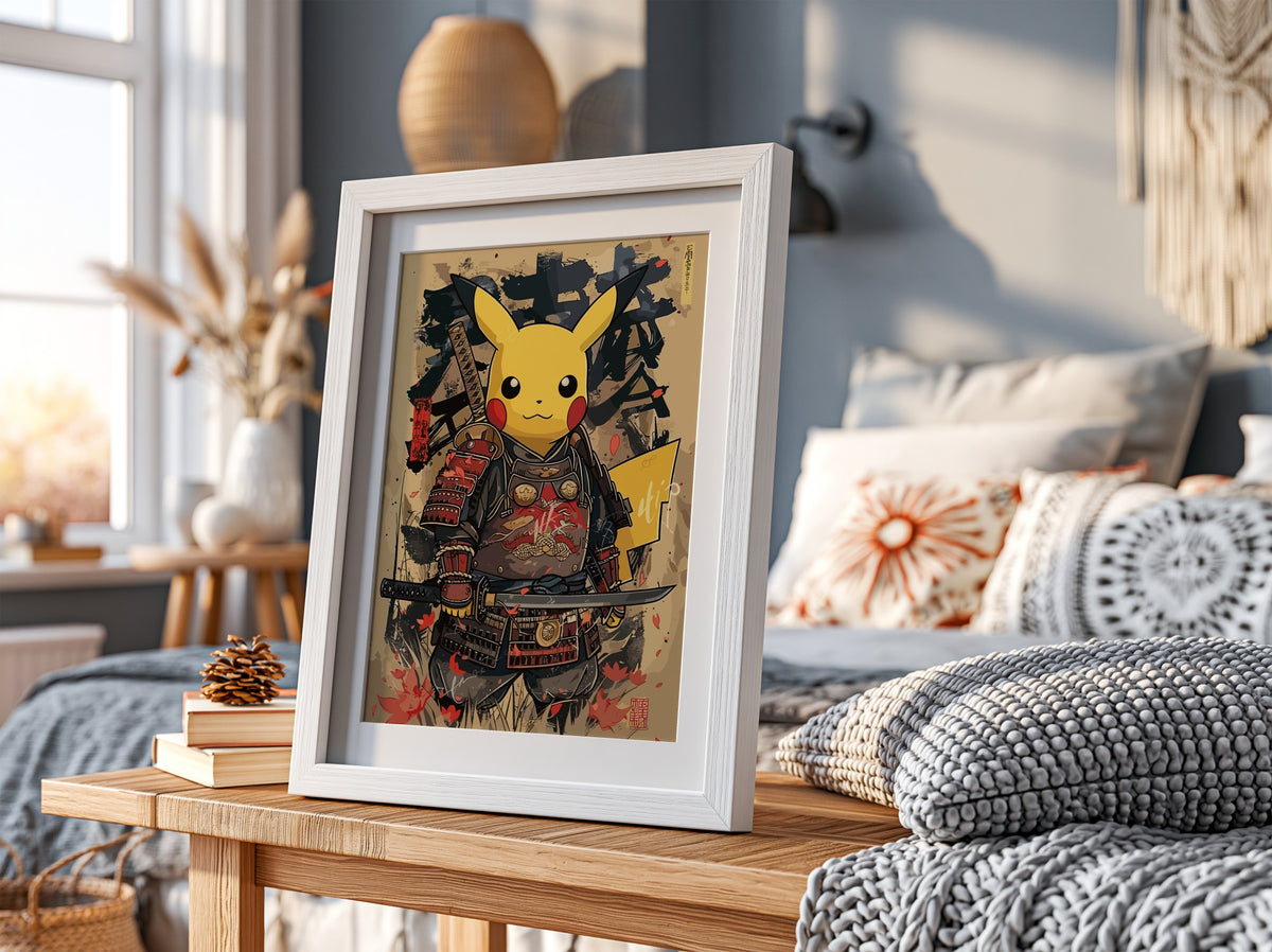 Poster of Pikachu dressed as samurai warrior in black and red armor holding katana on beige background