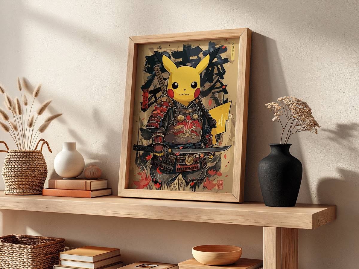 Poster of Pikachu dressed as samurai warrior in black and red armor holding katana on beige background