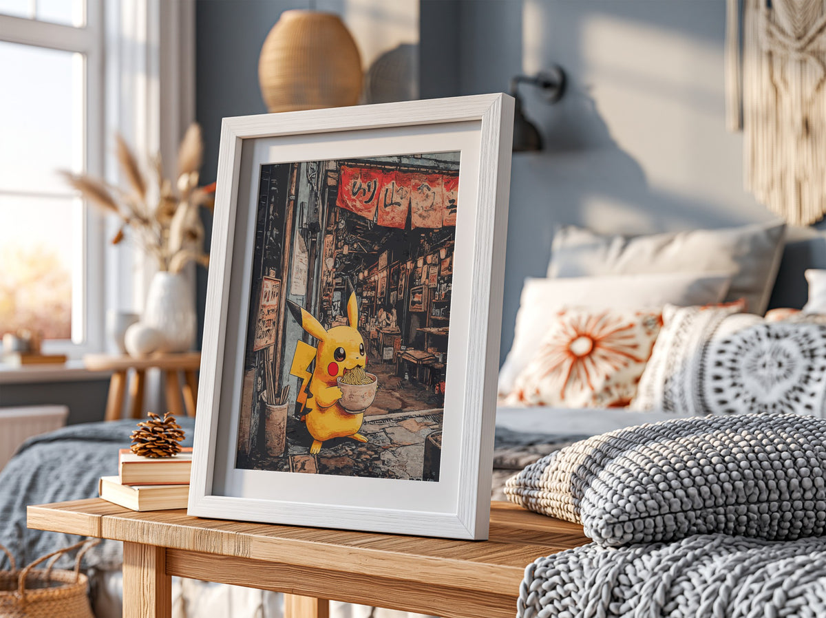 Framed poster showing Pikachu holding ramen bowl in warm-toned Japanese street setting