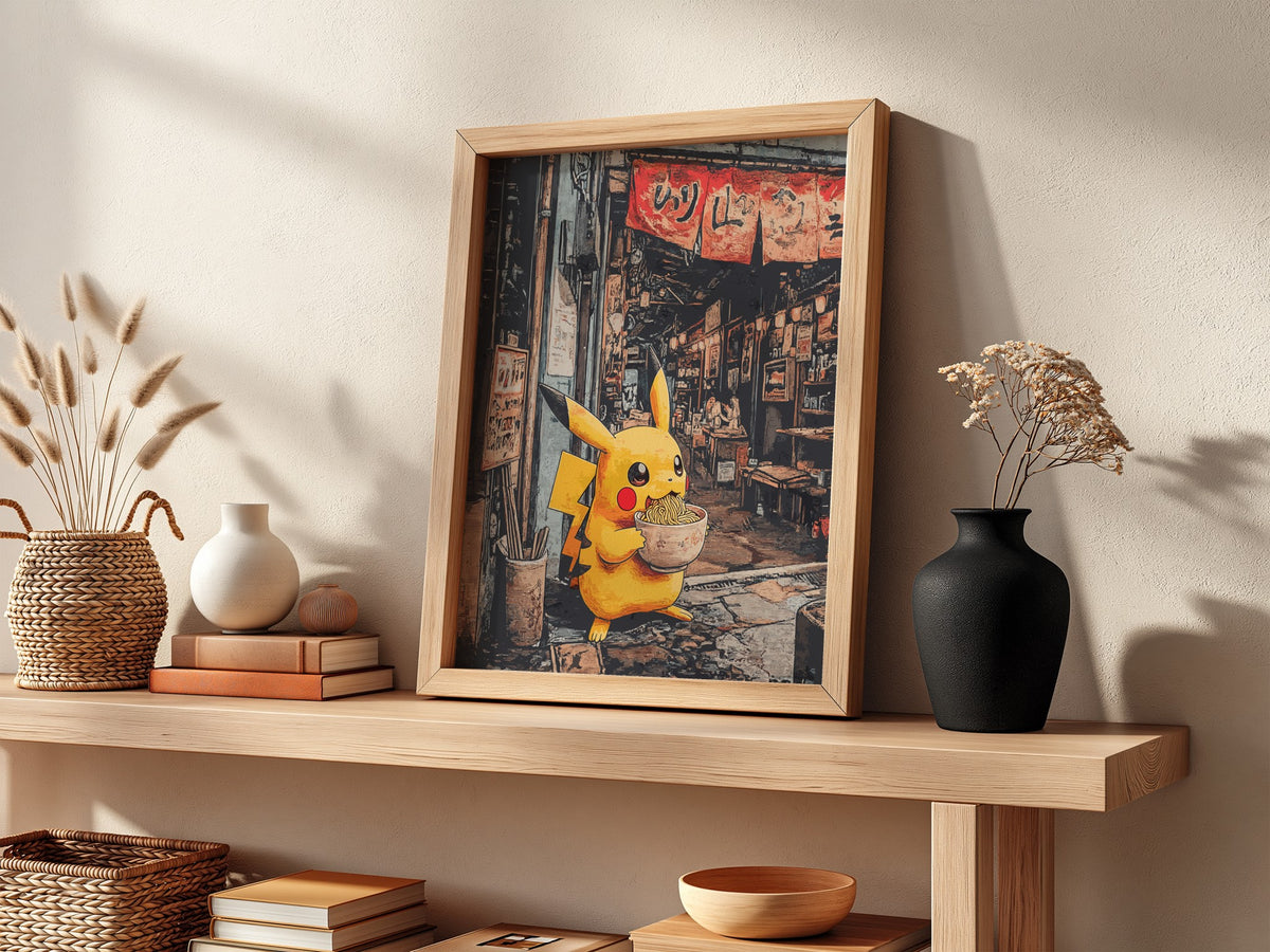 Framed poster showing Pikachu holding ramen bowl in warm-toned Japanese street setting