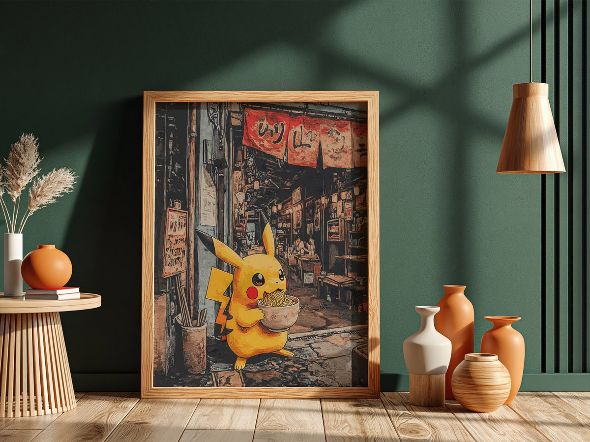 Framed poster showing Pikachu holding ramen bowl in warm-toned Japanese street setting