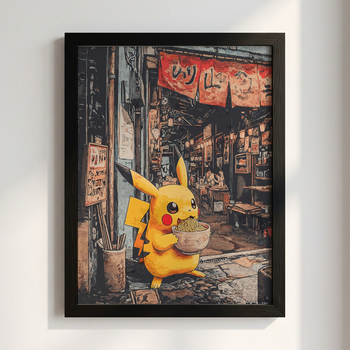 Framed poster showing Pikachu holding ramen bowl in warm-toned Japanese street setting