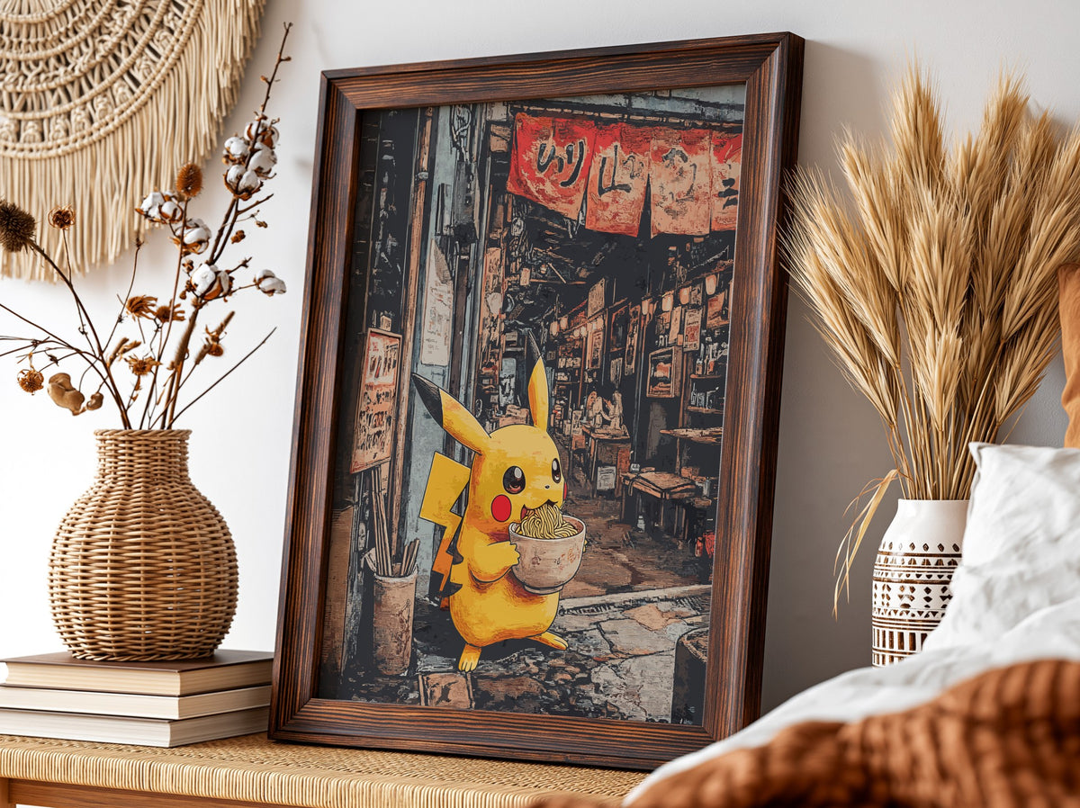 Framed poster showing Pikachu holding ramen bowl in warm-toned Japanese street setting