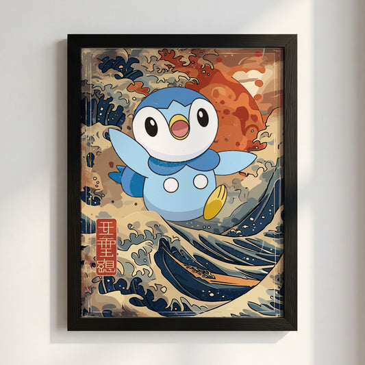 Poster wall decor featuring Piplup character with blue tones and Japanese wave art background