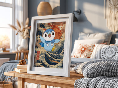 Poster wall decor featuring Piplup character with blue tones and Japanese wave art background