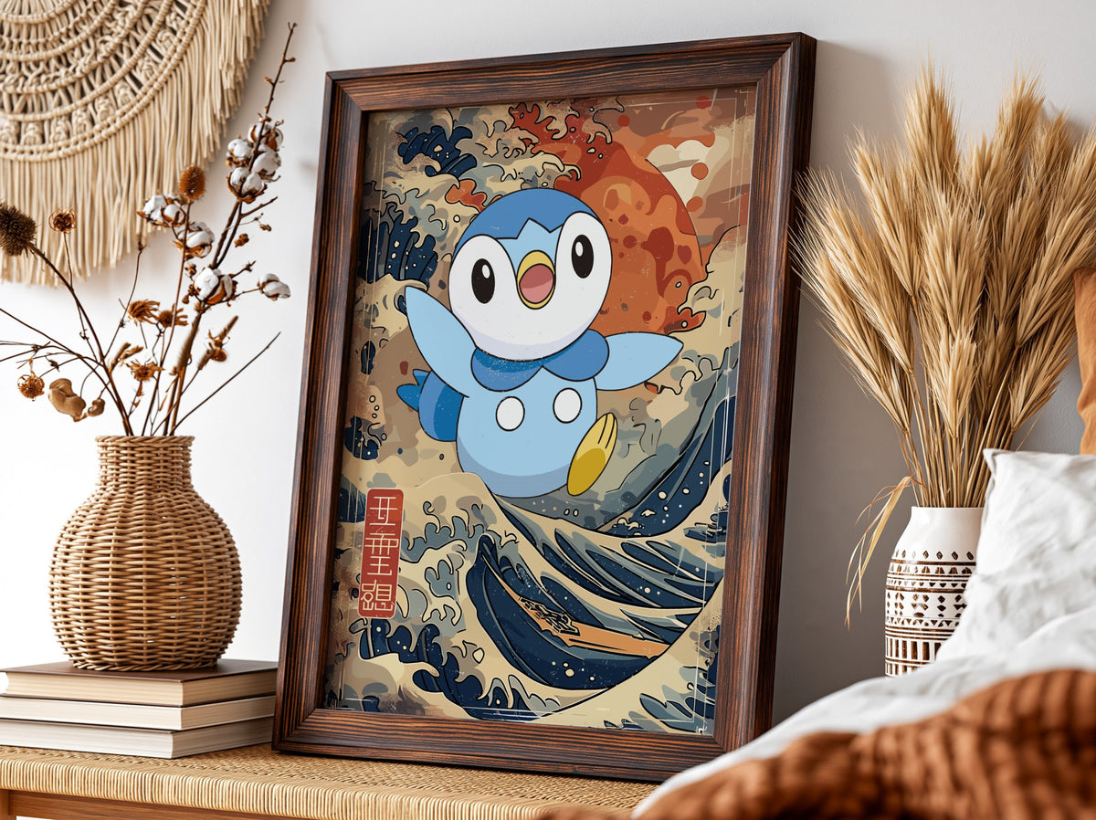 Poster wall decor featuring Piplup character with blue tones and Japanese wave art background