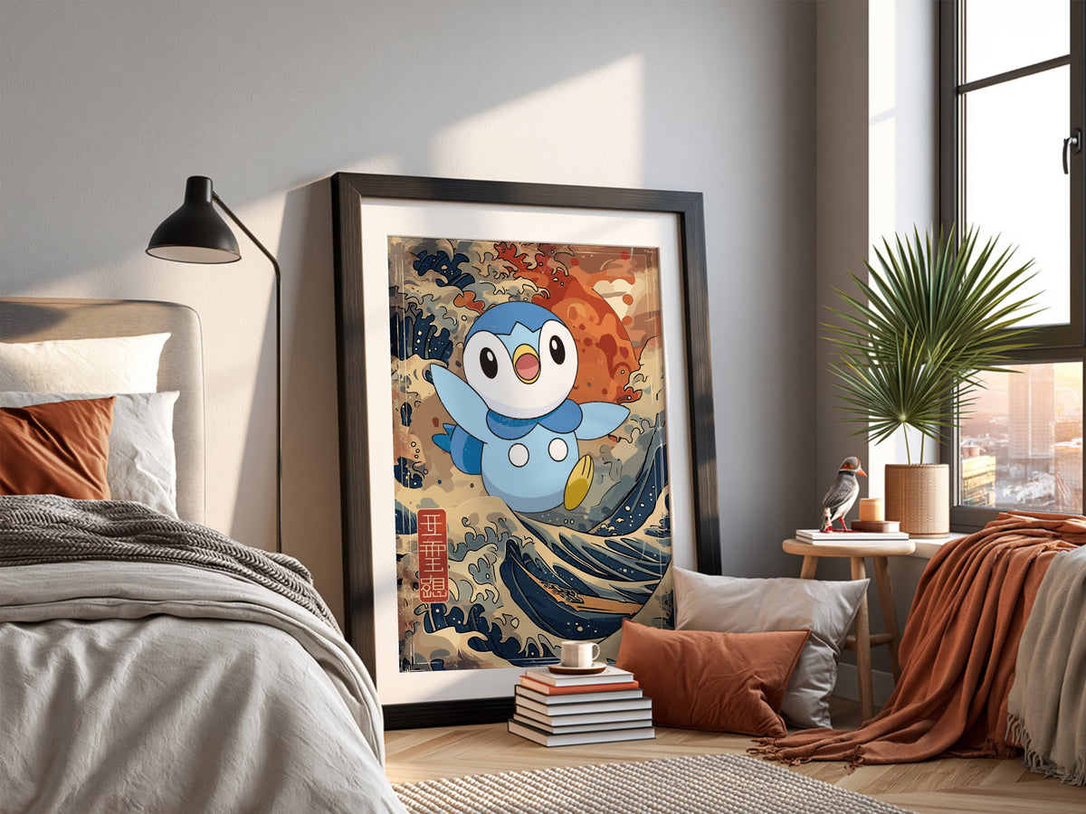 Poster wall decor featuring Piplup character with blue tones and Japanese wave art background