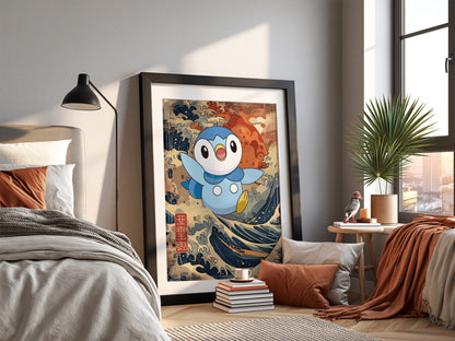 Poster wall decor featuring Piplup character with blue tones and Japanese wave art background