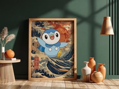 Poster wall decor featuring Piplup character with blue tones and Japanese wave art background