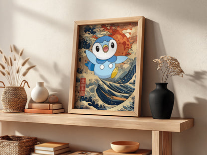 Poster wall decor featuring Piplup character with blue tones and Japanese wave art background
