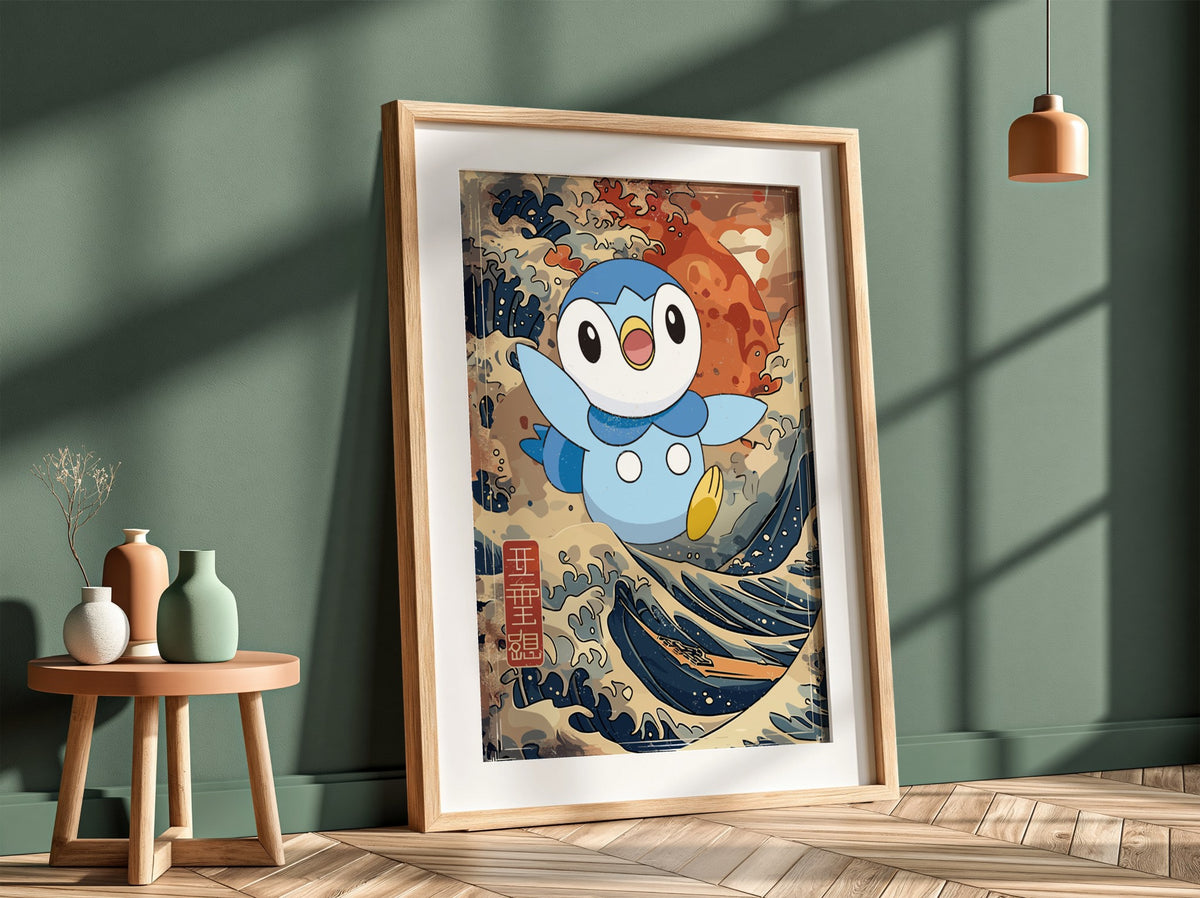 Poster wall decor featuring Piplup character with blue tones and Japanese wave art background