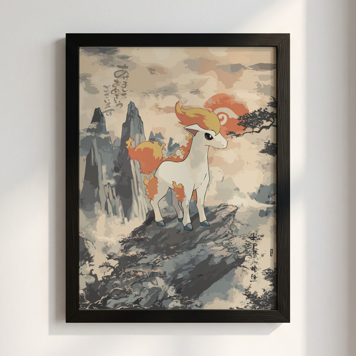 Poster featuring Ponyta standing on rocky ledge with mountain background in muted orange and grey vintage