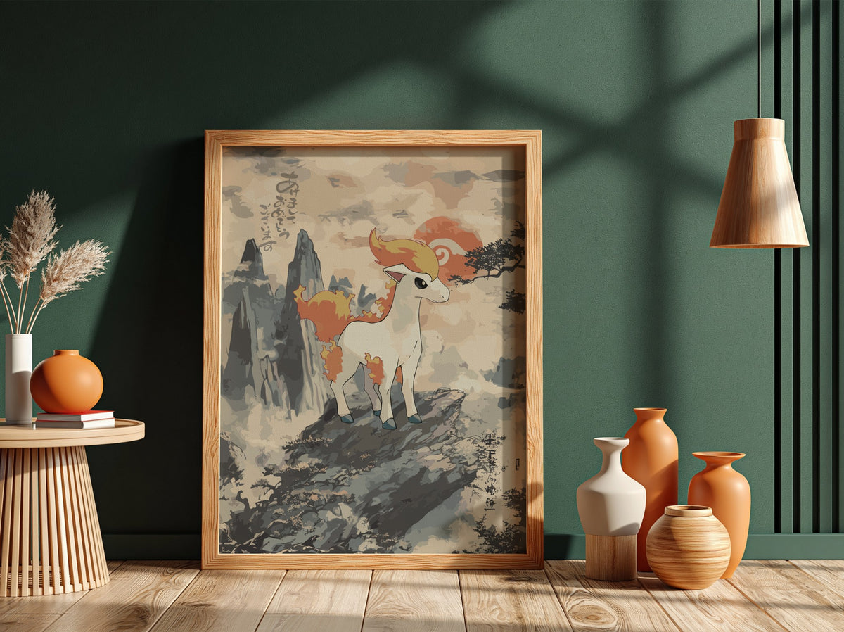 Poster featuring Ponyta standing on rocky ledge with mountain background in muted orange and grey vintage