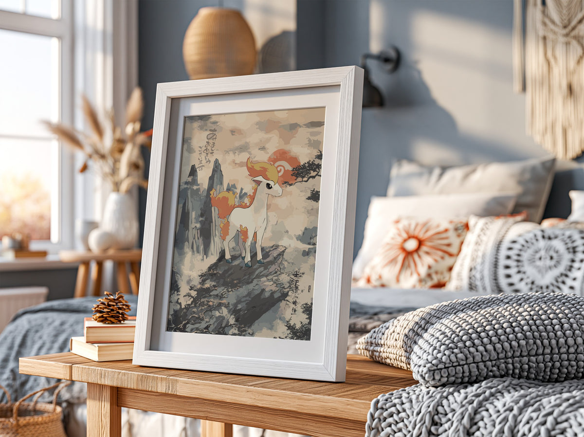 Poster featuring Ponyta standing on rocky ledge with mountain background in muted orange and grey vintage