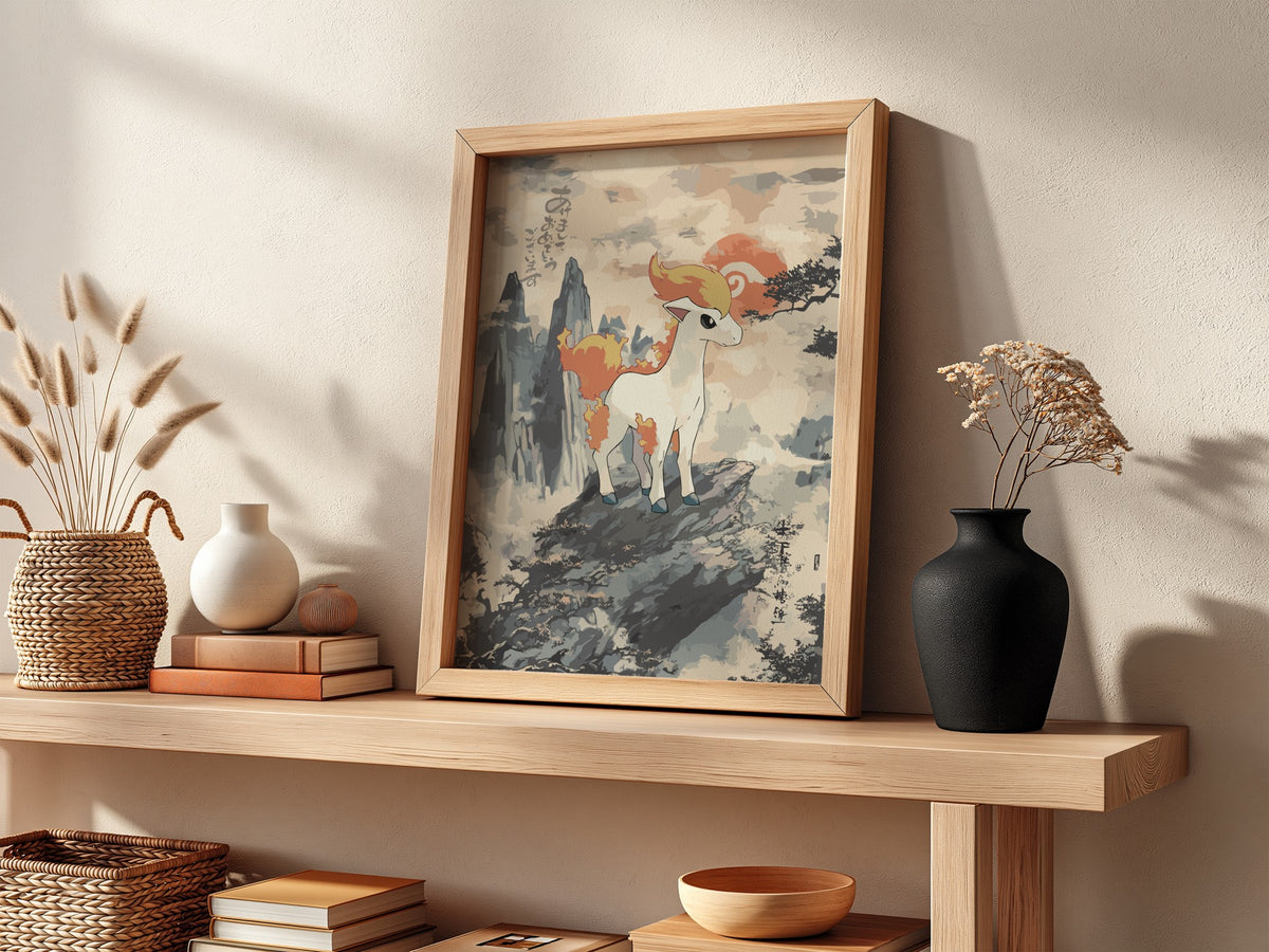 Poster featuring Ponyta standing on rocky ledge with mountain background in muted orange and grey vintage