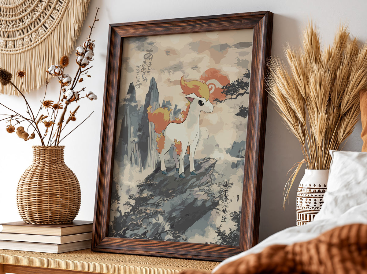 Poster featuring Ponyta standing on rocky ledge with mountain background in muted orange and grey vintage