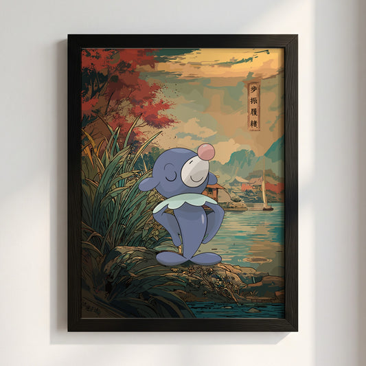 Framed Popplio poster with soft blue character by tranquil lake in vintage Japanese style