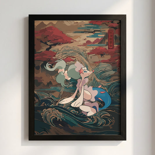 Poster of Primarina in Japanese ukiyo-e style with teal, pink, and blue ocean waves