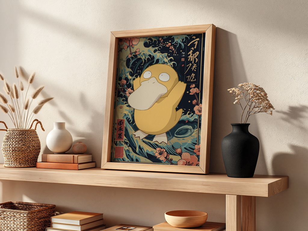 Framed Psyduck poster with Japanese wave background and cherry blossoms in muted colors