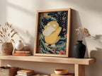 Framed Psyduck poster with Japanese wave background and cherry blossoms in muted colors