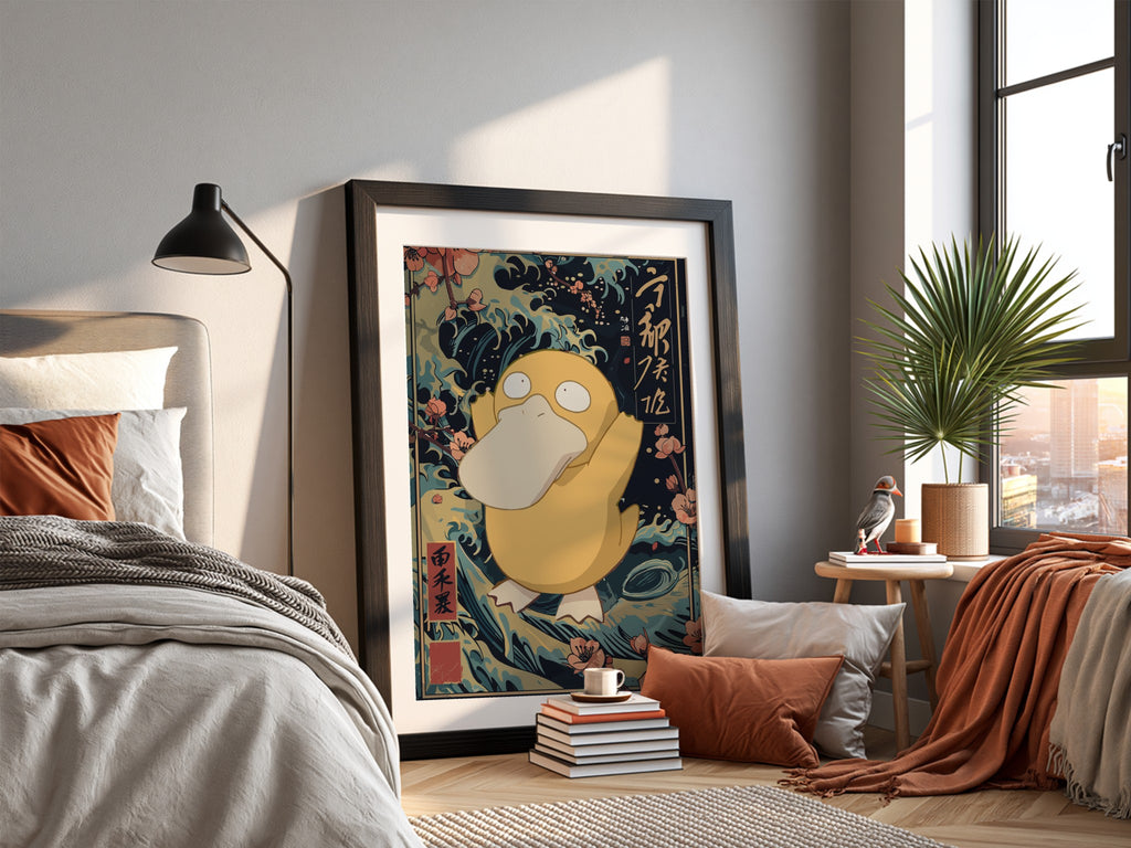 Framed Psyduck poster with Japanese wave background and cherry blossoms in muted colors