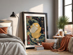 Framed Psyduck poster with Japanese wave background and cherry blossoms in muted colors