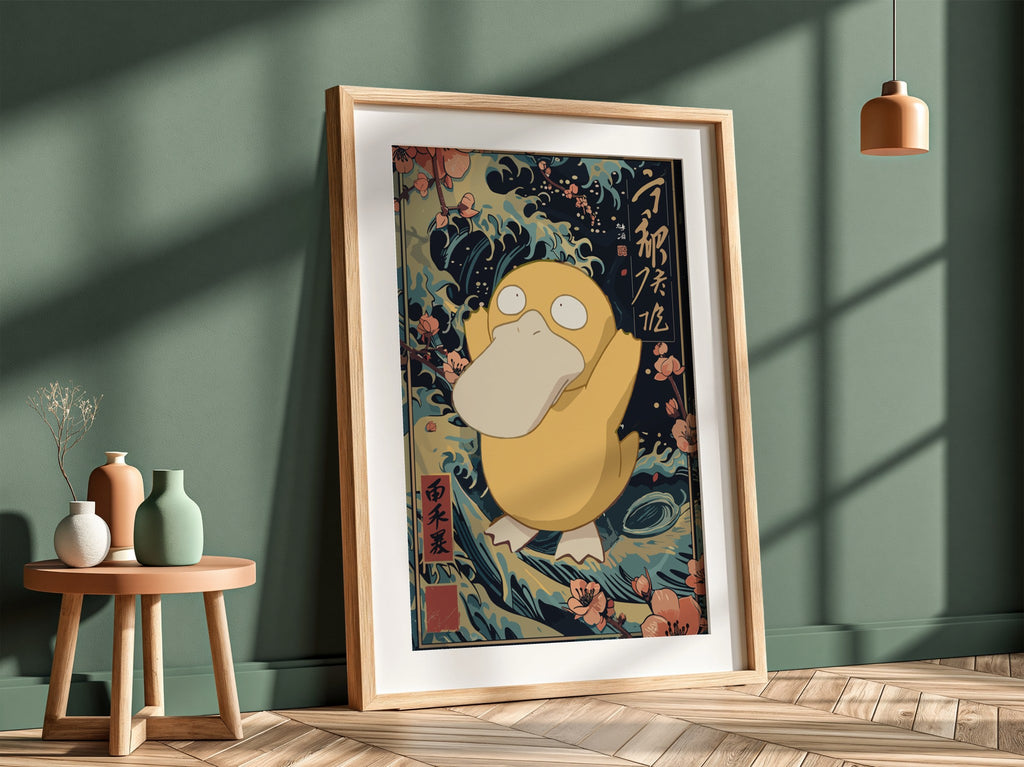Framed Psyduck poster with Japanese wave background and cherry blossoms in muted colors