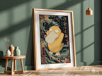 Framed Psyduck poster with Japanese wave background and cherry blossoms in muted colors