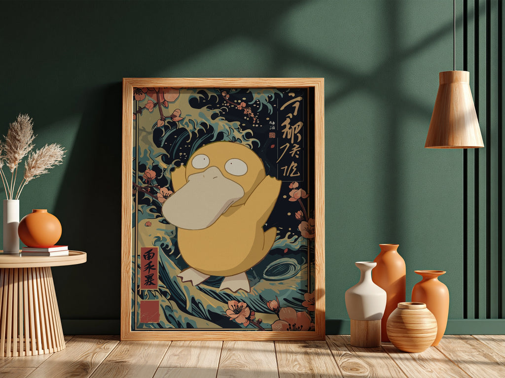Framed Psyduck poster with Japanese wave background and cherry blossoms in muted colors