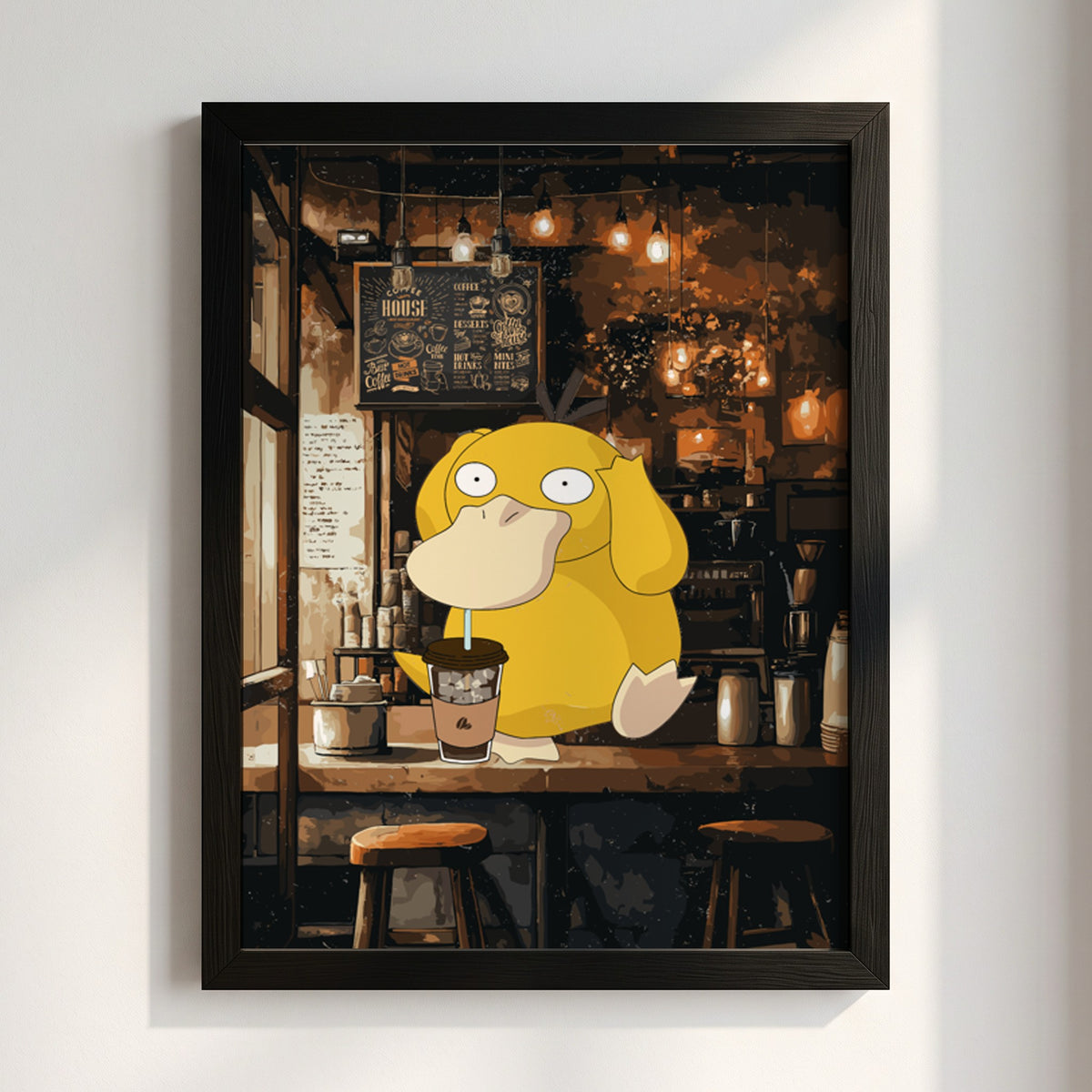 Poster of Psyduck drinking coffee inside a warmly lit rustic café with brown and yellow tones