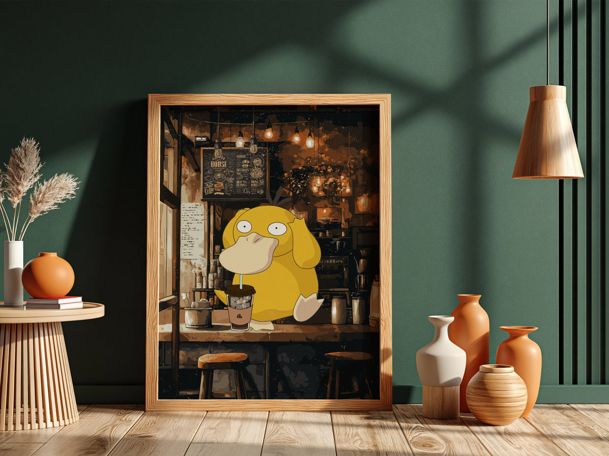 Poster of Psyduck drinking coffee inside a warmly lit rustic café with brown and yellow tones