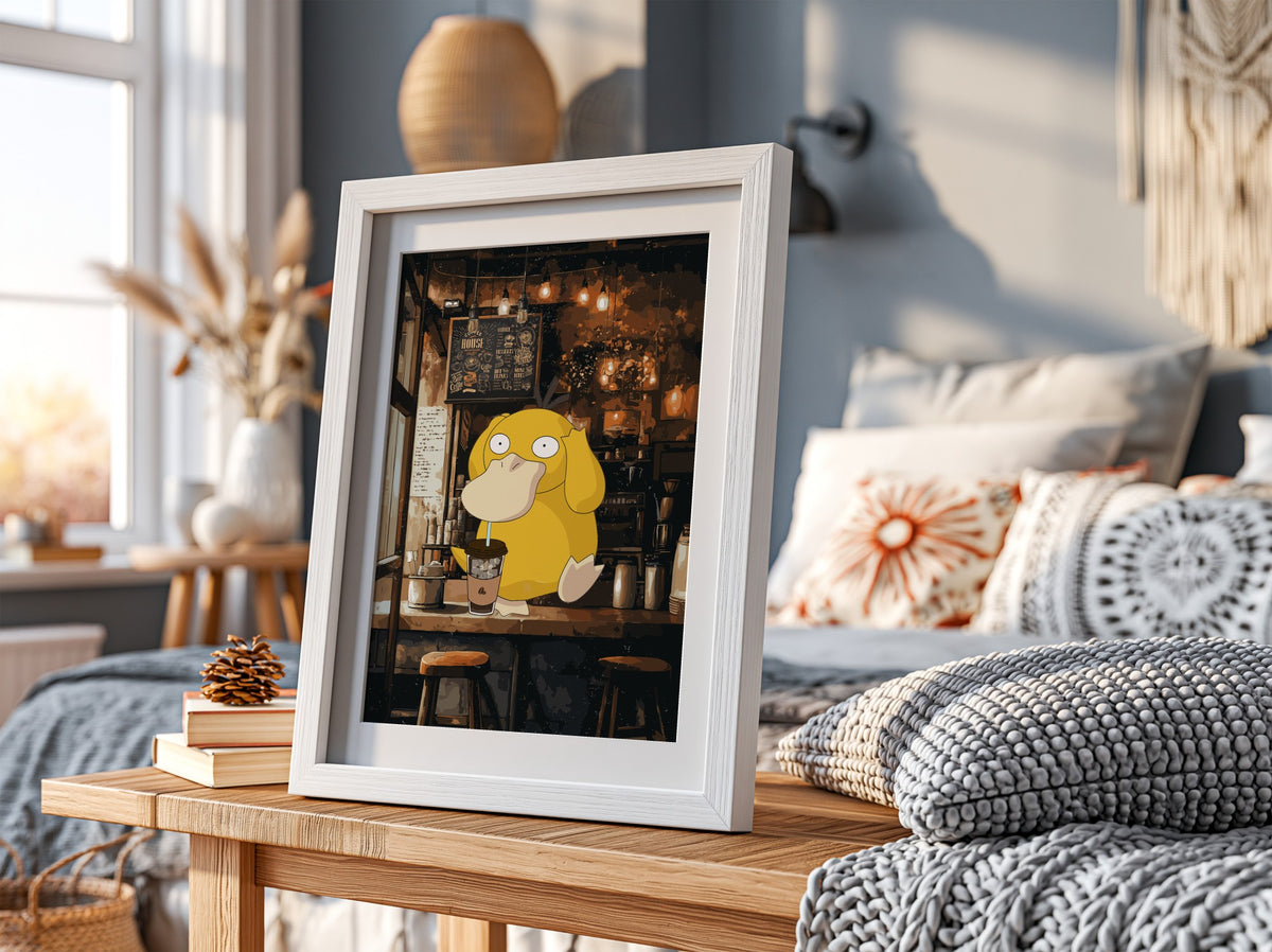 Poster of Psyduck in a cozy coffee shop with warm brown and amber tones and glowing lights