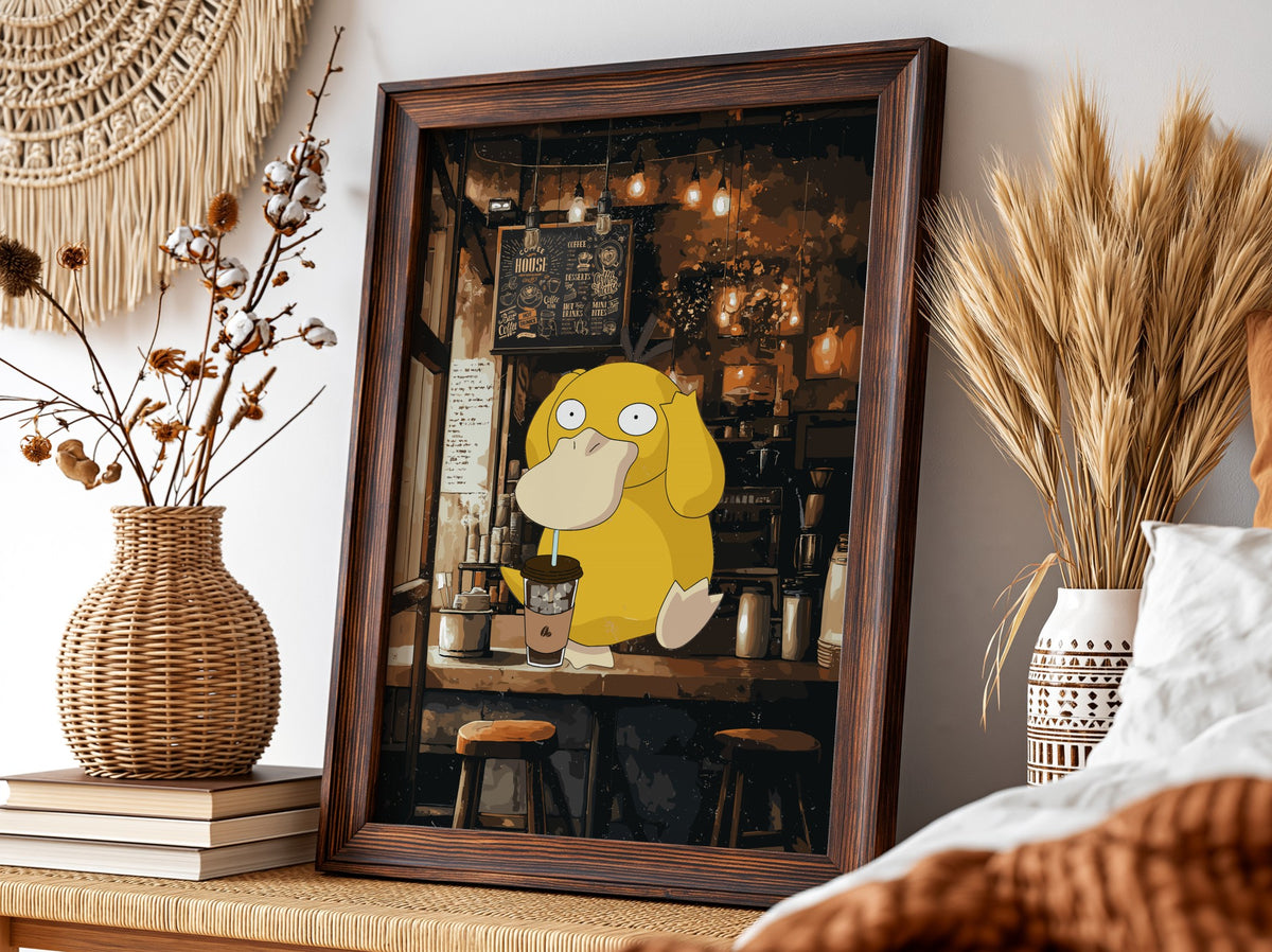 Poster of Psyduck drinking coffee inside a warmly lit rustic café with brown and yellow tones