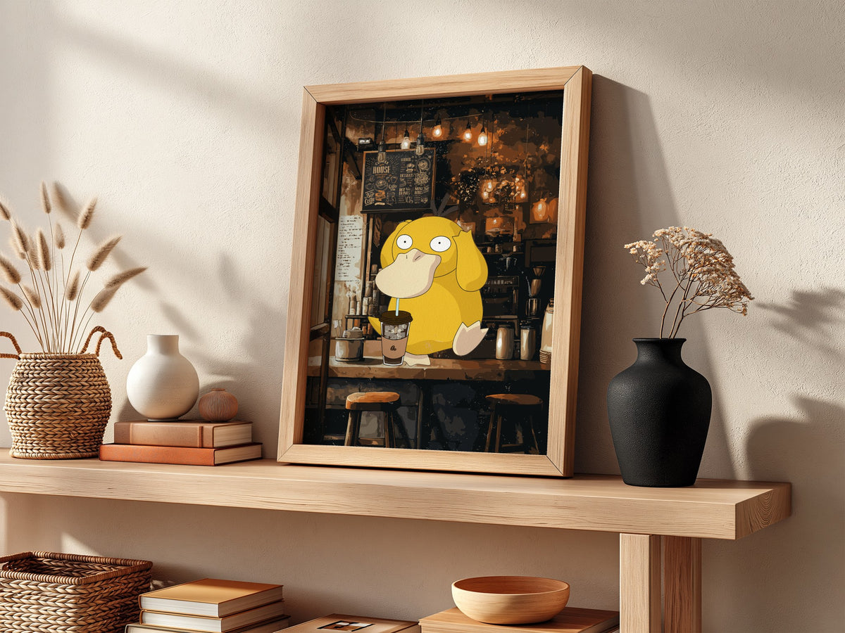 Poster of Psyduck drinking coffee inside a warmly lit rustic café with brown and yellow tones