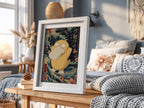 Framed Psyduck poster with Japanese wave background and cherry blossoms in muted colors