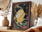 Framed Psyduck poster with Japanese wave background and cherry blossoms in muted colors
