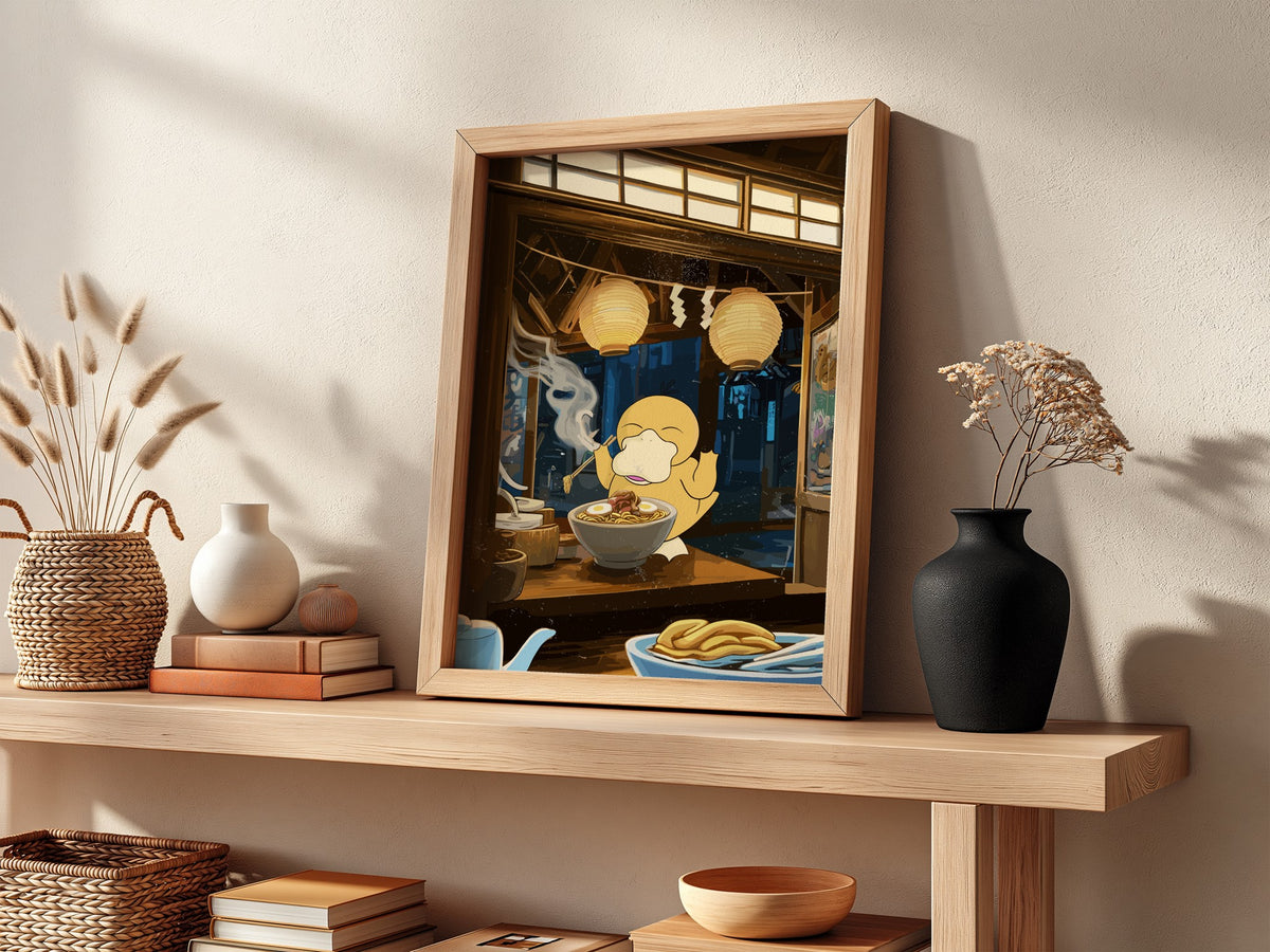 Poster showing Psyduck eating ramen in warm brown and blue Japanese style with glowing lanterns
