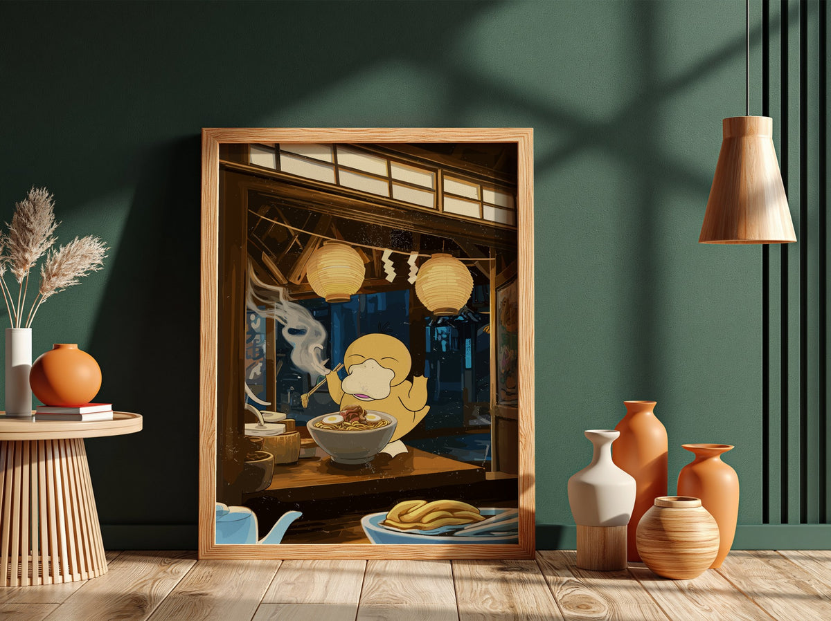 Poster showing Psyduck eating ramen in warm brown and blue Japanese style with glowing lanterns